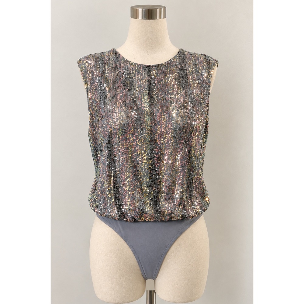 ASTR The Label Womens Sequin Sleeveless Bodysuit Grey Multi XS Party Night Out
